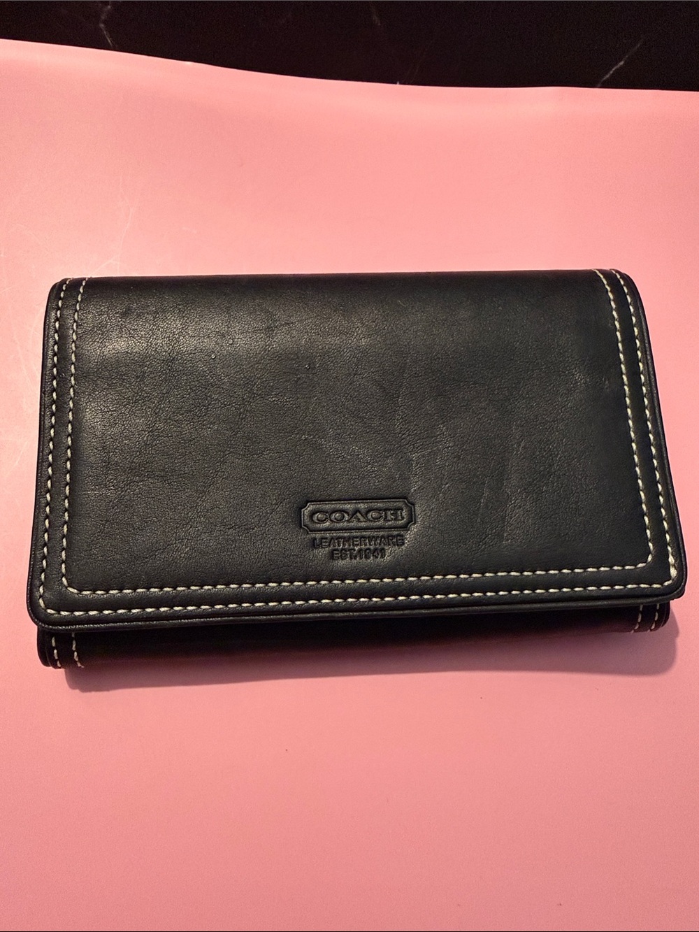 Coach Black Leather Trifold Wallet with White Contrast Stitching